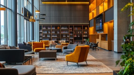 Modern Library Interior with Cozy Seating and Warm Lighting