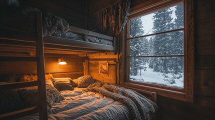 Cozy Winter Cabin Bedroom with Snowy Forest View Outside