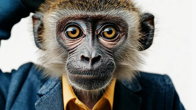 Monkey in a suit pondering thoughtfully in a studio setting