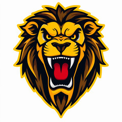 Obraz premium A fierce, roaring lion head logo with golden and dark brown fur, sharp white teeth, and a red open mouth