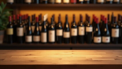 A warm wooden table with rich textures and subtle scratches sits against a softly blurred wine shop background, featuring rows of wine bottles in various shapes and sizes, creating a sophisticated and