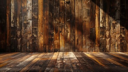 Obraz premium Rustic Wooden Wall and Floor Background Dark Brown Reclaimed Wood Texture