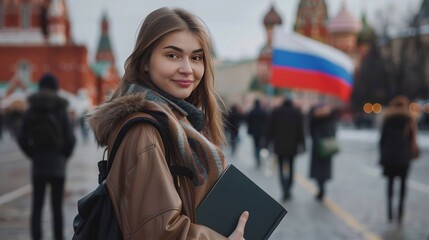 Fototapeta premium Young Woman Student in Brown Leather Jacket Walking in City Holding Notebook