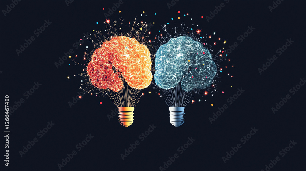 Poster brainpower illuminated: two stylized brains, connected by a web of sparkling dots, are represented a