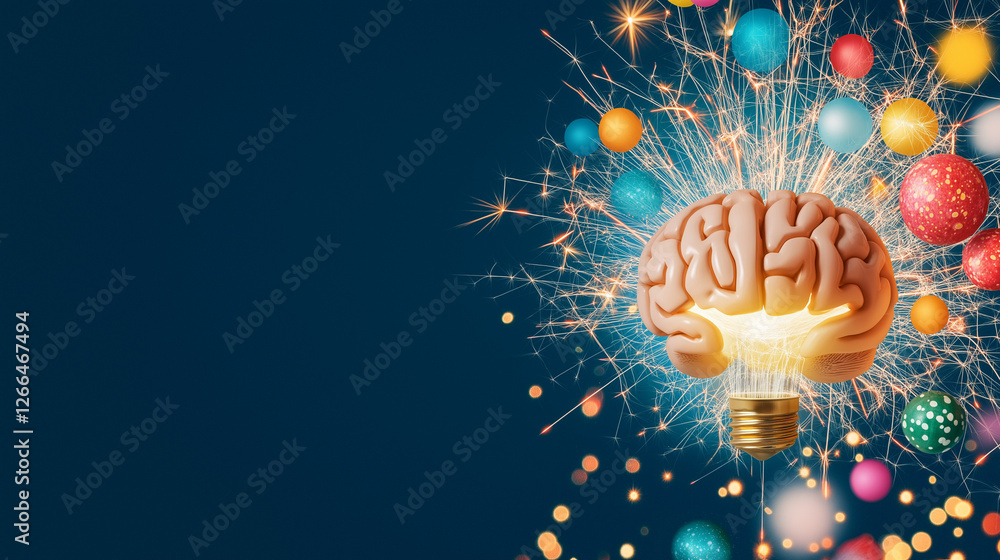 Poster brain spark: illuminated brain inside a light bulb, surrounded by colorful baubles and sparkling fir