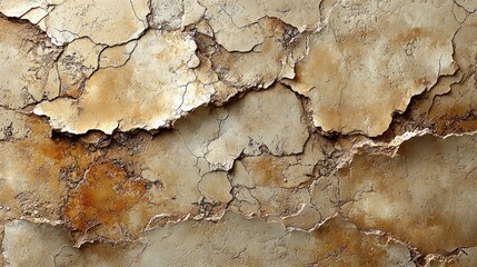 Cracked plaster wall texture showcasing peeling layers and earthy tones in a weathered appearance