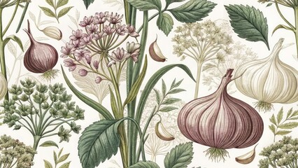 Minimalist Vintage Garlic Garden Design: Textured Illustration