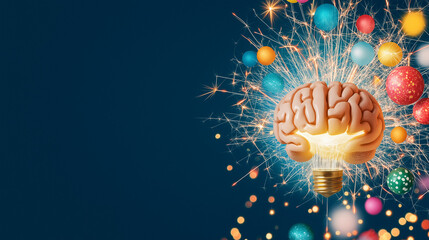 Brain Spark: Illuminated brain inside a light bulb, surrounded by colorful baubles and sparkling fireworks, symbolizes innovative ideas and creative thinking. 