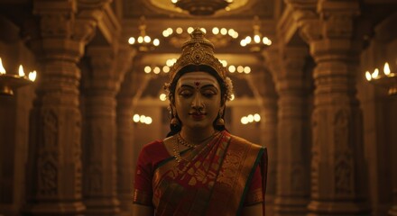 Serene goddess statue in a dimly lit temple, surrounded by ornate columns and soft glowing lights