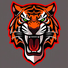 A furious tiger head logo with vibrant orange and black-striped fur, glowing green eyes, and a mouth open wide revealing sharp white fangs