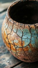 Cracked Ceramic Pot with Rustic Texture and Earthy Tones