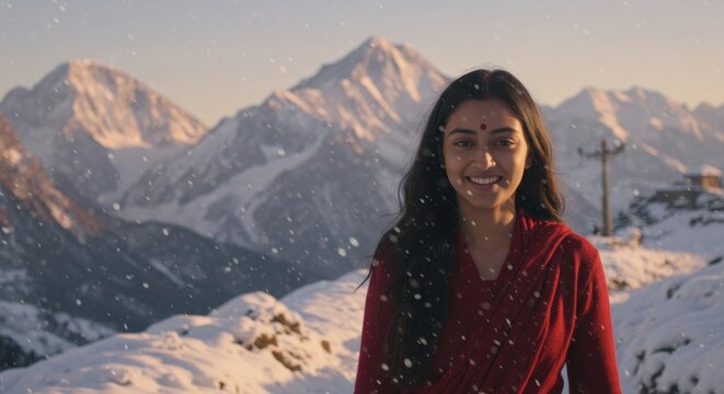 Woman in traditional attire smiling amidst snowy mountains during a winter snowfall