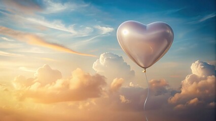 Fototapeta premium Heart-shaped balloon ascending amidst a breathtaking sunset sky, drifting on a gentle breeze among fluffy clouds, a serene and hopeful scene.