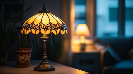Elegant Tiffany-style Lamp Illuminating Cozy Modern Living Room
