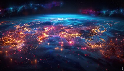Wonderful night view futuristic international telecommunication network, concept about global data transfer, background with colourful abstract dynamic gradient line flows connecting cityspace