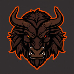 Fototapeta premium A powerful Minotaur head logo with dark brown fur, glowing red eyes, and massive curved horns. Its nostrils are flared, and it looks ready to charge forward