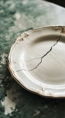 Cracked Vintage Plate on Marble Surface with Rustic Elegance