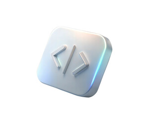 A sleek 3D holographic icon representing coding and programming, isolated on white background, featuring a symbol for coding languages. Modern, futuristic design.