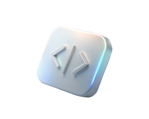 A sleek 3D holographic icon representing coding and programming, isolated on white background, featuring a symbol for coding languages. Modern, futuristic design.