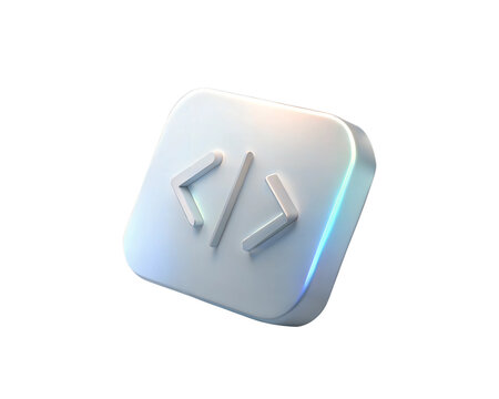 A sleek 3D holographic icon representing coding and programming, isolated on white background, featuring a symbol for coding languages. Modern, futuristic design.