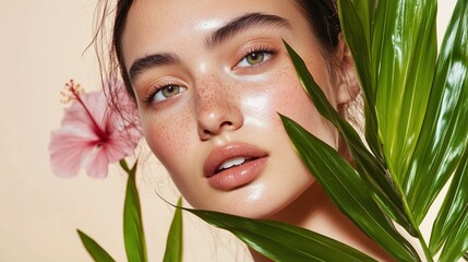 Fototapeta premium Radiant Beauty: Close-up of a young woman with flawless skin and natural makeup, framed by vibrant green tropical leaves and a delicate pink hibiscus flower. The image evokes a sense of freshness.