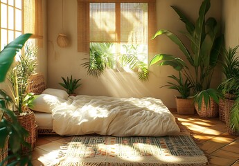 Sunny Bedroom with Plants and Linen Bedding