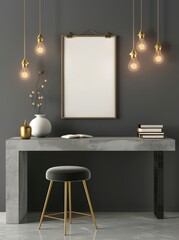 Modern Minimalist Interior Design with Blank Frame. Concrete Desk. and Gold Accents