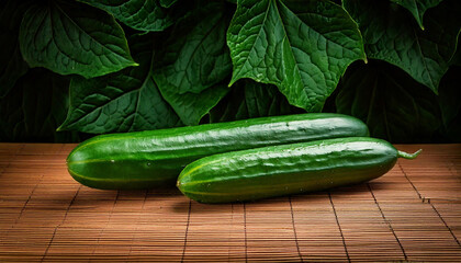 View of fresh long cucumber on the table with dark leaves background
