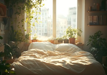 Sunny Bedroom with Plants and Window Light