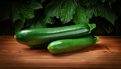 View of fresh long CUCUMBER Zucchini on the wood table with dark leaves background
