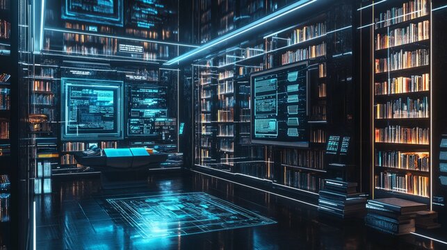 Futuristic Library Interior with Digital Displays and Neon Lighting