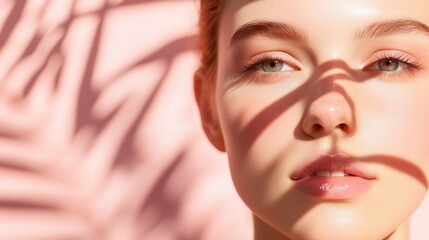 Sun-Kissed Beauty: A close-up portrait of a young woman's face, partially obscured by the delicate shadows of palm leaves, bathed in warm sunlight.