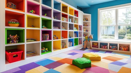 Multi-compartment storage unit in a colorful kids' bedroom