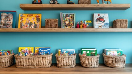 Naklejka premium Open shelves with baskets for organized toy and book storage