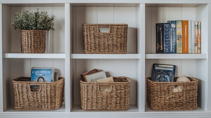 Open shelves with baskets for organized toy and book storage