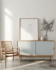 A light blue cabinet with a sliding door. a woven chair. and a framed botanical print. bathed in sunlight