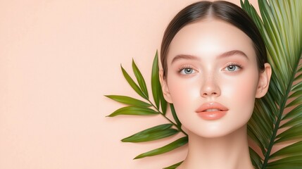 Naklejka premium Radiant Beauty: Close up portrait of a young woman with flawless skin, her face gently framed by lush green tropical leaves against a soft peach background. 