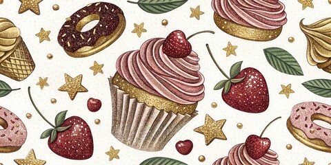 Night Photography: Glittering Sweet Treats, Metallic Candy Pattern, Dessert Illustration, Dark Background