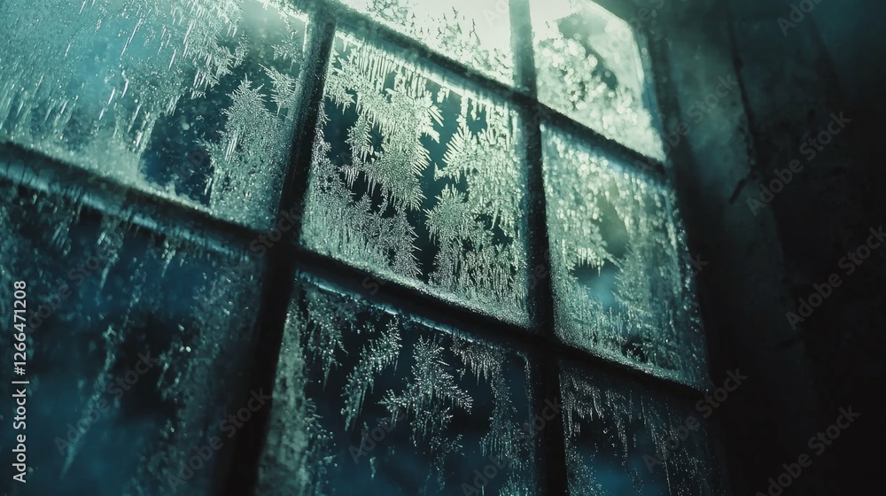 Aufkleber frosty window with intricate ice patterns and soft natural light