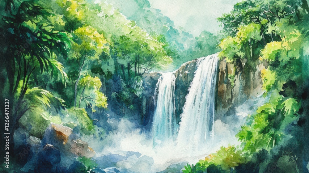 Poster Waterfall cascading down rocky cliffs surrounded by lush greenery in a tranquil nature setting. Generative AI