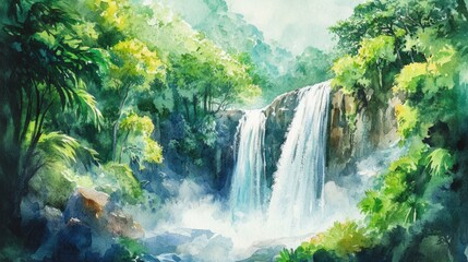 Waterfall cascading down rocky cliffs surrounded by lush greenery in a tranquil nature setting. Generative AI