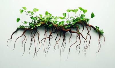 Obraz premium Lush green vines with intricate roots displayed against a minimalist white background