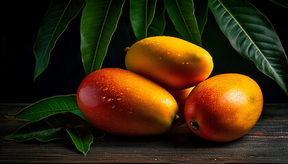 View of fresh Mangoes on the table with dark leaf background