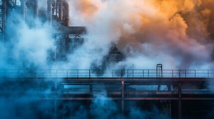 Industrial Smoke and Steam Rising from Factory at Sunset