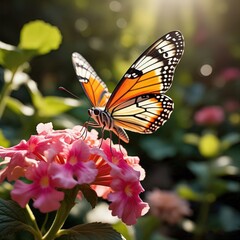 Obraz premium Monarch Butterfly Sitting on Flower – Close-up of Colorful Butterfly on Blooming Blossom