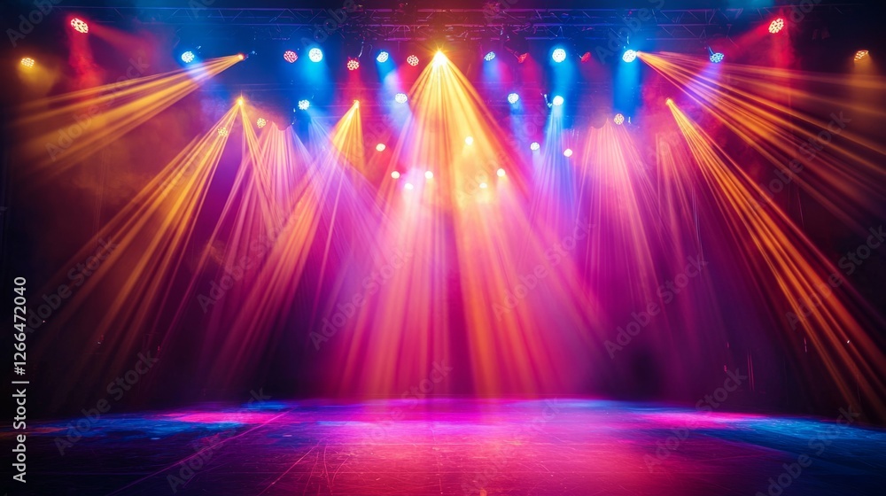 Poster bright stage lights creating colorful patterns in a performance setting