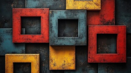 Colorful abstract arrangement of empty frames on a textured dark background, ideal for design use