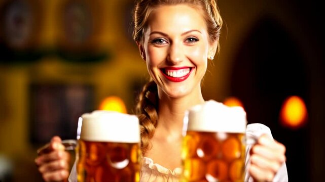 Young sexy Oktoberfest waitress, wearing a traditional Bavarian dress, serving big beer mugs	