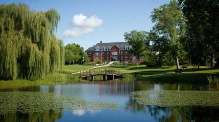 Obraz premium Serene Campus Scene: A Picturesque Pond Reflecting a Classic Brick Building