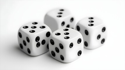 Close up of Four White Dice with Black Dots on a White Background Gambling Luck Chance Concept